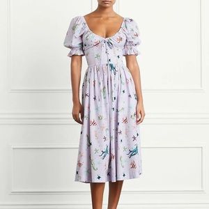 Hill House Purple Sea Creatures Fish Print Puff Sleeve Midi Ophelia Dress